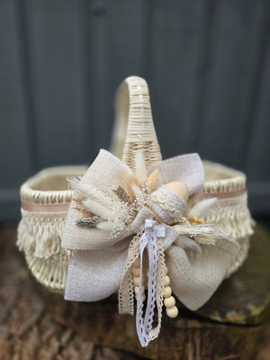 Designer Etno Style Easter Basket “Early morning with wooden egg“ wood, dry flowers and organic fabric / adult size large 36x27cm