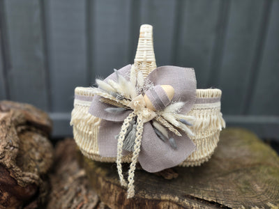 Designer Etno Style Easter Basket “Early morning“ wood, dry flowers and organic fabric / adult size large