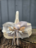 Designer Etno Style Easter Basket “Early morning“ wood, dry flowers and organic fabric / adult size large