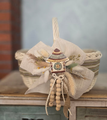 Designer Etno Style Easter Basket “Ceramic house“ dark green, wood, dry flowers and organic fabric / adult