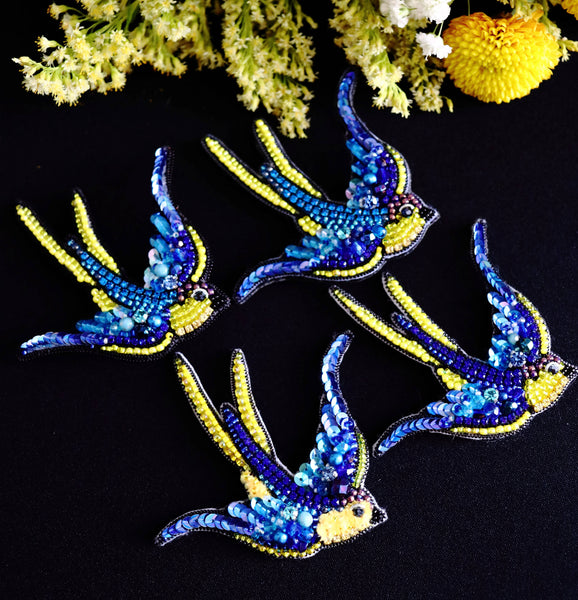 Ukrainian swallow bird brooch. Beaded brooch. Blue and yellow brooch. Ukrainian brooch. Clothing brooch