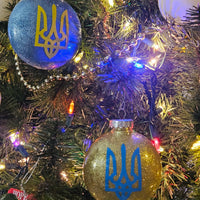 Christmas ukrainian ornaments blue yellow with trident plastic ornaments with ukrainian symbols