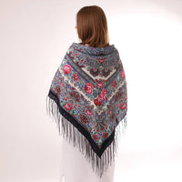 Woolen shawl with flowers “ Dark blue and pink rose  “