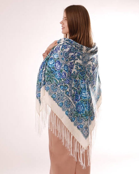 Woolen shawl / scarf with flowers “ Royal Blue ” 1