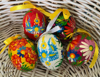 Set of Easter wooden eggs with Trident petrykivka painting