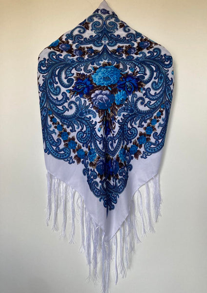 Woollen shawl / scarf with flowers “ Blue Rose”