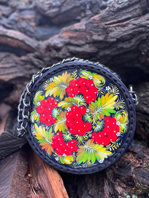 Leather Petrykivka painted evening bag “ Kalyna”