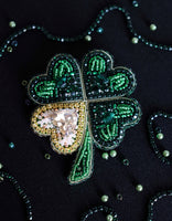 Four leaf clover beaded brooch, St. Patrick's Day lucky beaded brooch, handmade pin, gift for he