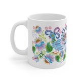 Blue Petrykivka painting mug | White ceramic mug 11 oz| Free Shipping